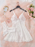 Sexy Lingerie Set Women Erotic Bra Nightdress Sexy Lace Sleepwear Solid Slim Soft Dresses V Neck Full Slip Sleepwear & Dresses