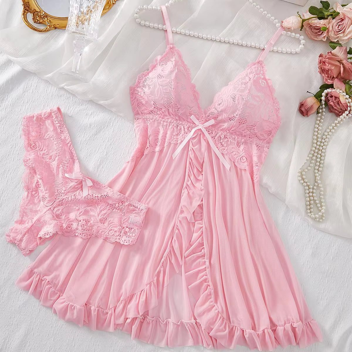 Sexy Lingerie Set Women Erotic Bra Nightdress Sexy Lace Sleepwear Solid Slim Soft Dresses V Neck Full Slip Sleepwear & Dresses