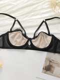  Lace Transparent Hollow 3/4 Bra Gathering Steel Ring Push up Underwear Set