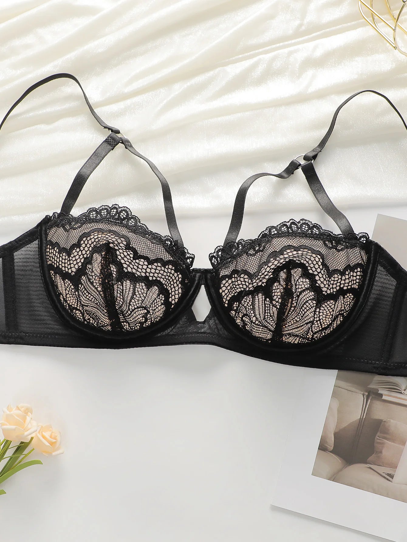  Lace Transparent Hollow 3/4 Bra Gathering Steel Ring Push up Underwear Set