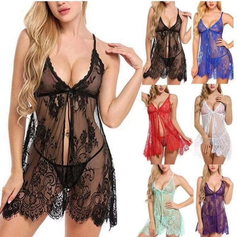 Erotic Plus Size Nightgown Women Deep V-Neck Sleepwear