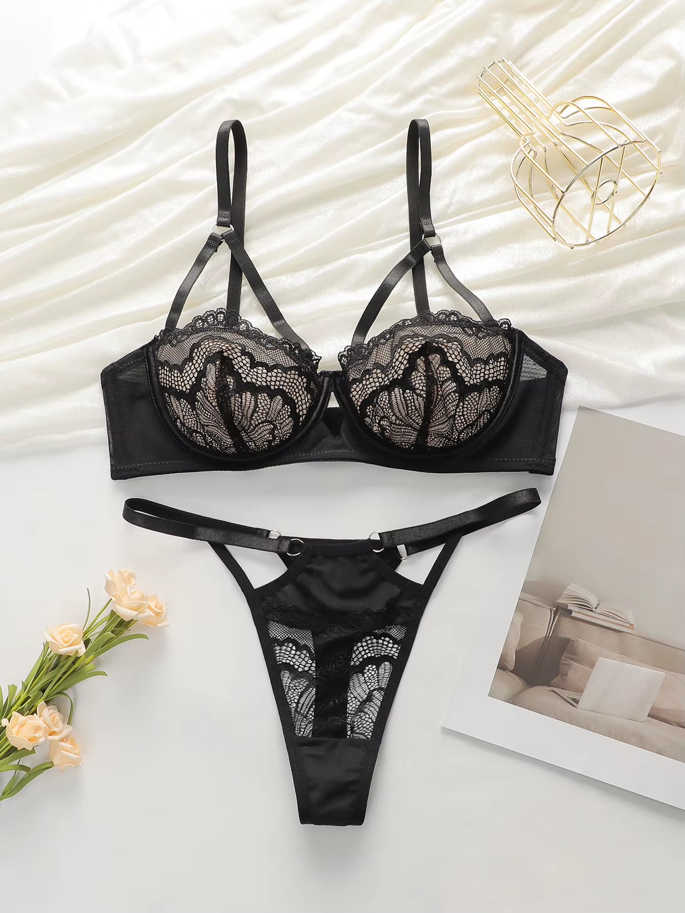  Lace Transparent Hollow 3/4 Bra Gathering Steel Ring Push up Underwear Set